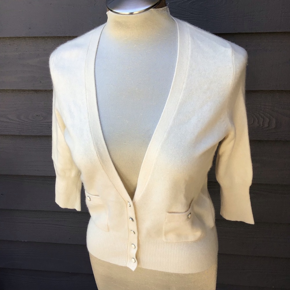 SUTTON CASHMERE ivory pocket cardigan sweater S M